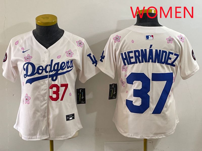 Women Los Angeles Dodgers 37 Hernandez Cream Sakura Edition 2025 Nike MLB Jersey style 33